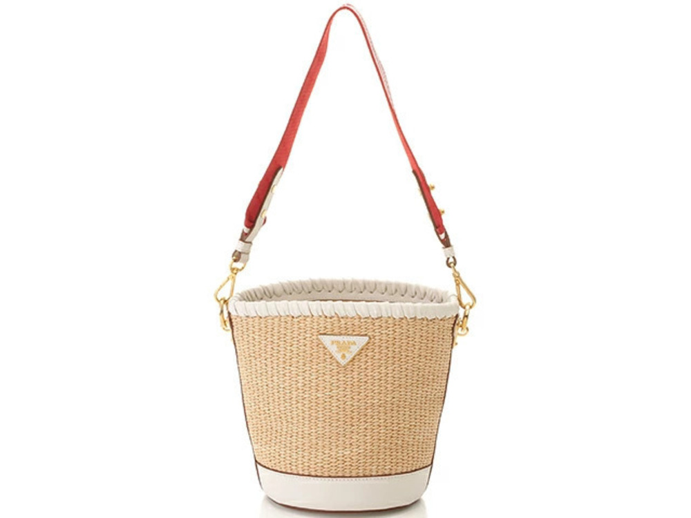 Prada Bucket Bag White Beige Cream Straw Tan Calfskin